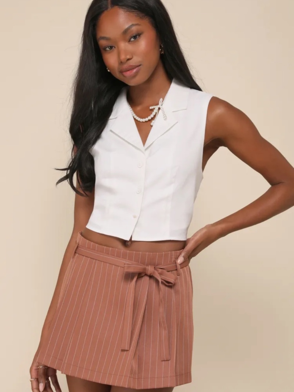 Lulus Bound to Charm Brown Pinstriped Pleated High-Rise Skort - Picture 2 of 4